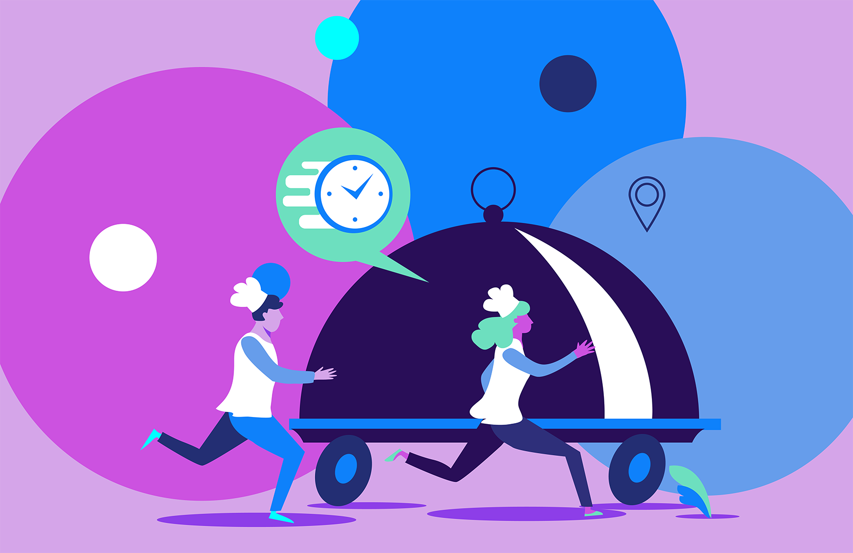 Customers with large dish and a clock in speech bubble